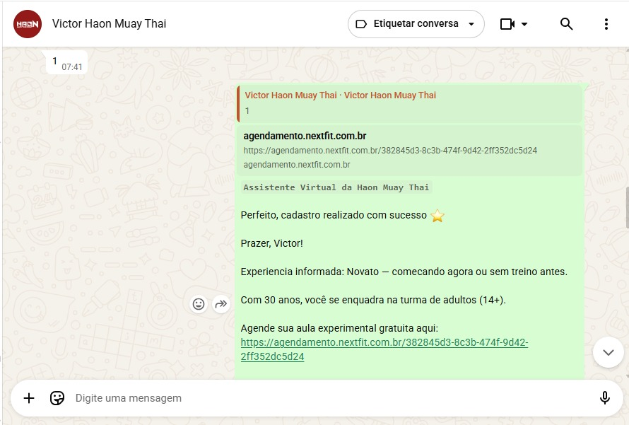 WhatsApp — conversa completa com agendamento Next Fit